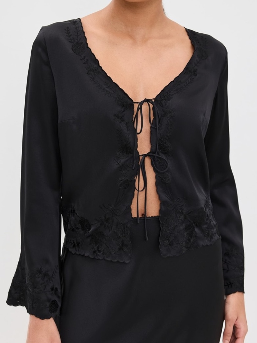 Reformation Rosina Black Lace-Trim Long Sleeve Tie-Front Silk top